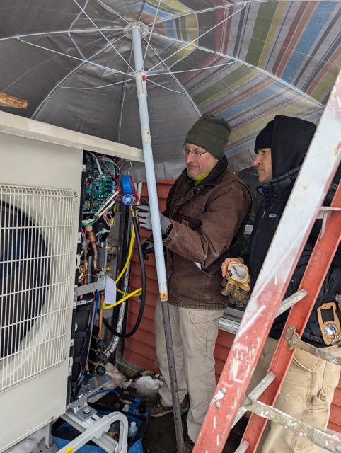Doing a pressure test on a new Mitsubishi 3 head heat pump, Blue Hill, ME