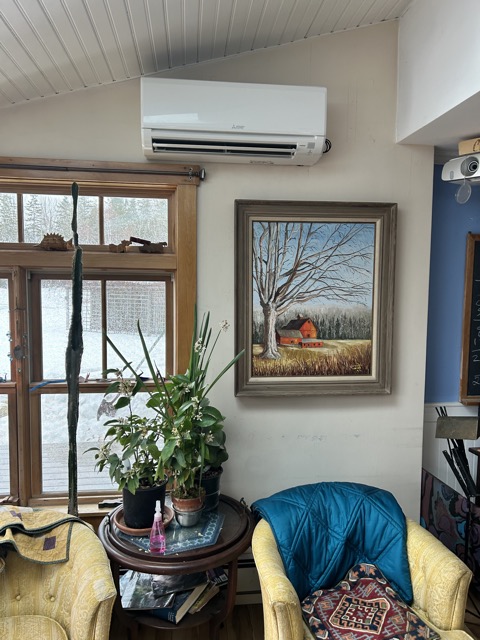 Inside head in living room,  from a new Mitsubishi 3 head heat pump, Blue Hill, ME
